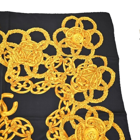 CHANEL CC Logo XL 96cm Scarf Handkerchief 100% Silk Black Italy - Picture 4 of 6